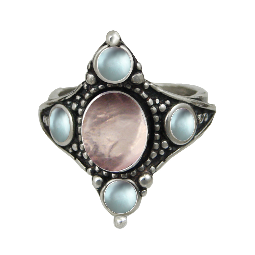 Sterling Silver Renaissance Queen's Ring With Rose Quartz And Blue Topaz Size 9